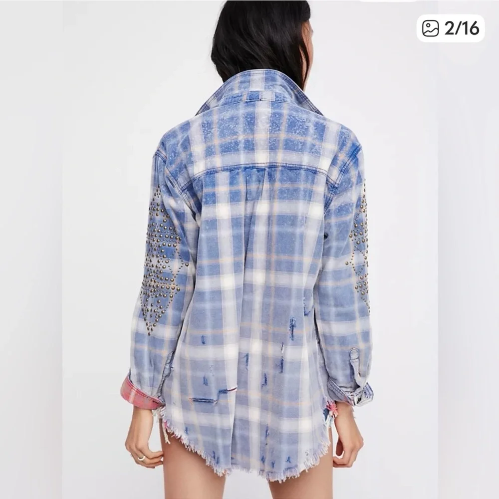 Free People Blue Plaid Deconstructed Shacket / Jacket Size Small - Picture 5 of 9